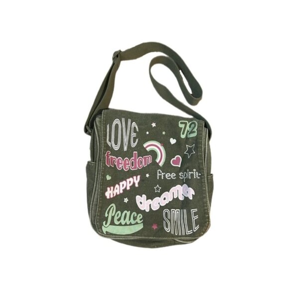 Handbags - Y2k Green Vintage Canvas Shoulder Bag With Graphic Print
